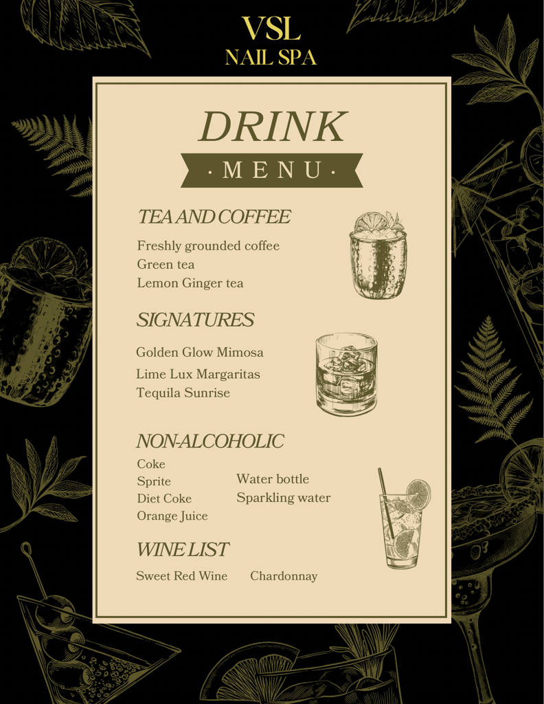 Drink Menu | VSL Nail Spa Indian Lake