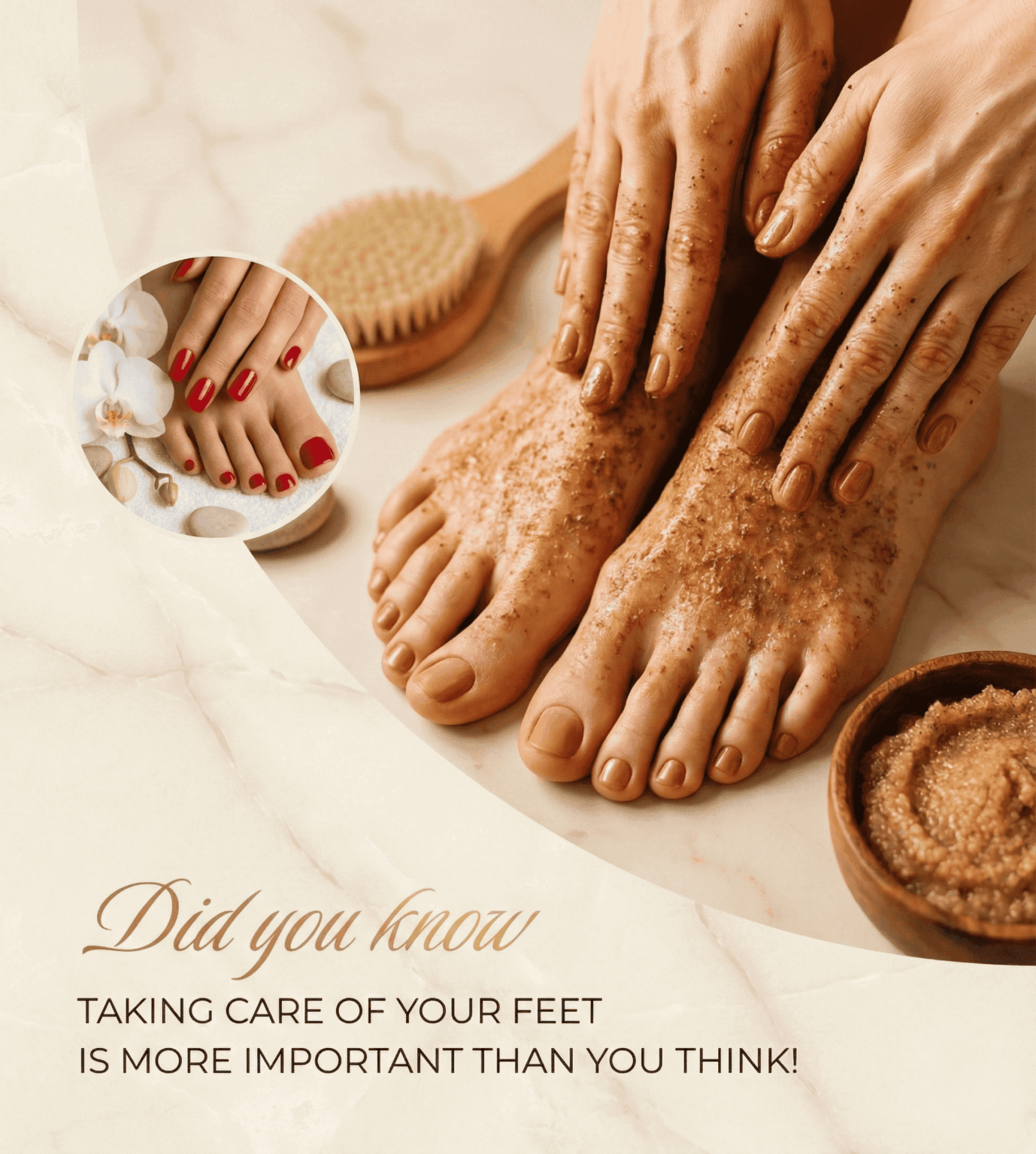 Hands and feet with nail polish and lotion during foot care.