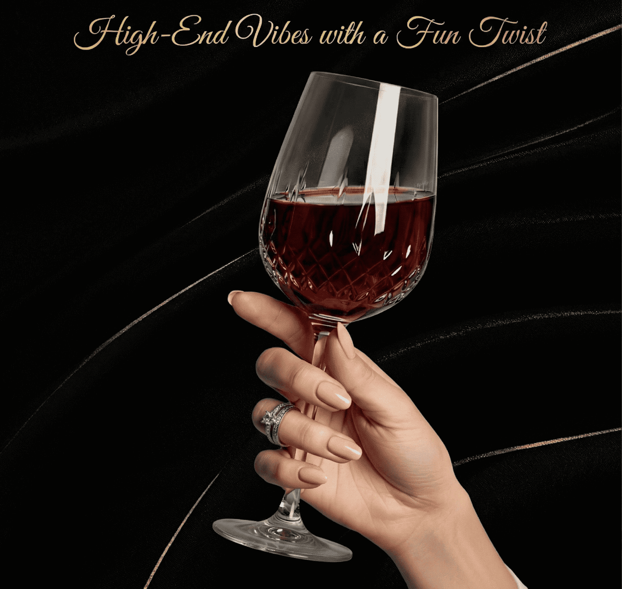 Manicured nails holding a wine glass with luxury vibe.